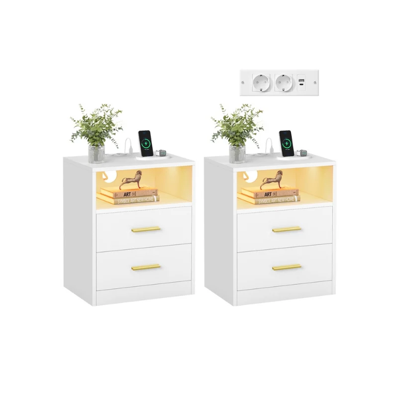 Custos Collection - Chevet avec Prise électrique, LED et Tiroir, Lot de 2