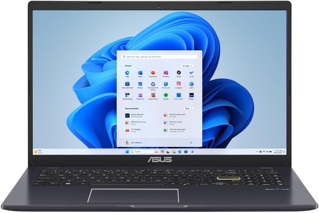 ASUS 15.6” Vivobook Go Slim Laptop  Thin & Portable for Student Study  Intel Dual Core N4500  4GB RAM  128GB SSD  Windows 11  Star Black  L510KA-ES04