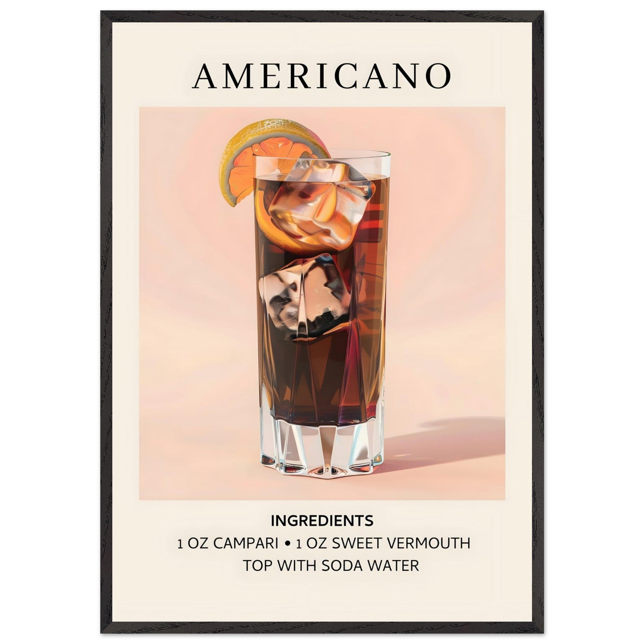 Artfulprints Poster met Lijst Americano cocktail - Ingrediënten  - 70x100 cm - Roze