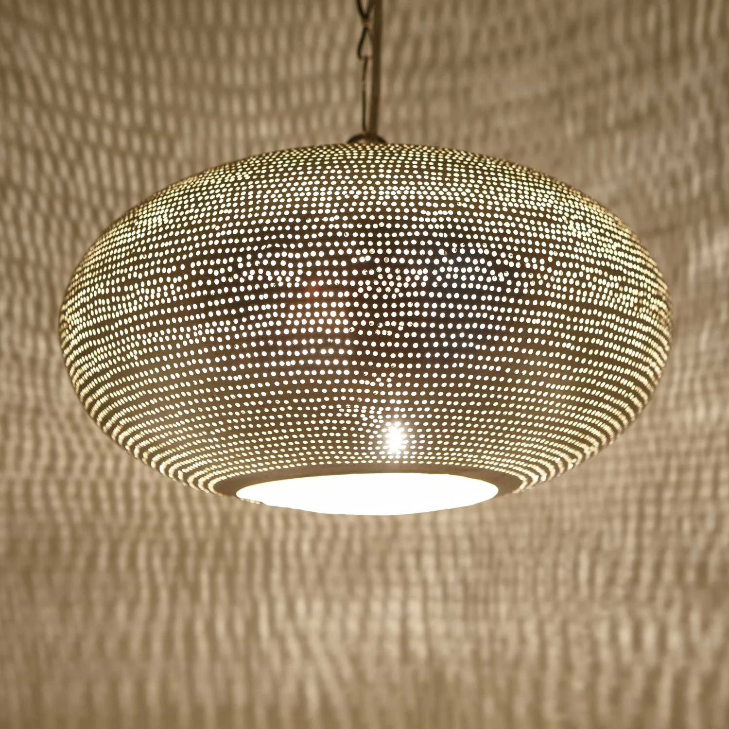 Perforated Brass Oval Pendant Light, Moroccan Hanging Lamp, Warm Shadow Glow