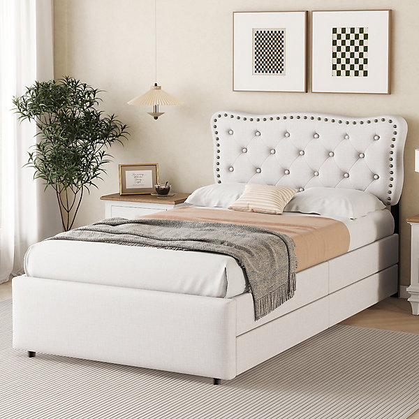 Lit avec rangement 90x200 cm simple capitonné avec 2 tiroirs et tête de lit ondulée cloutée - revêtement en lin beige clair
