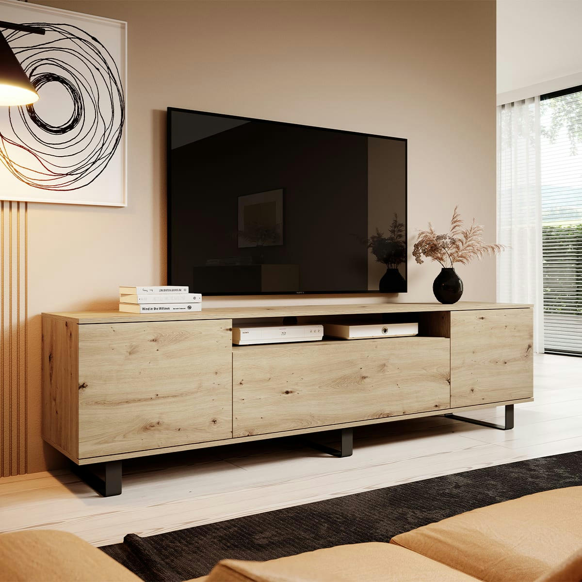- Meuble TV 3 portes 200 cm stratifiés, métal naturel