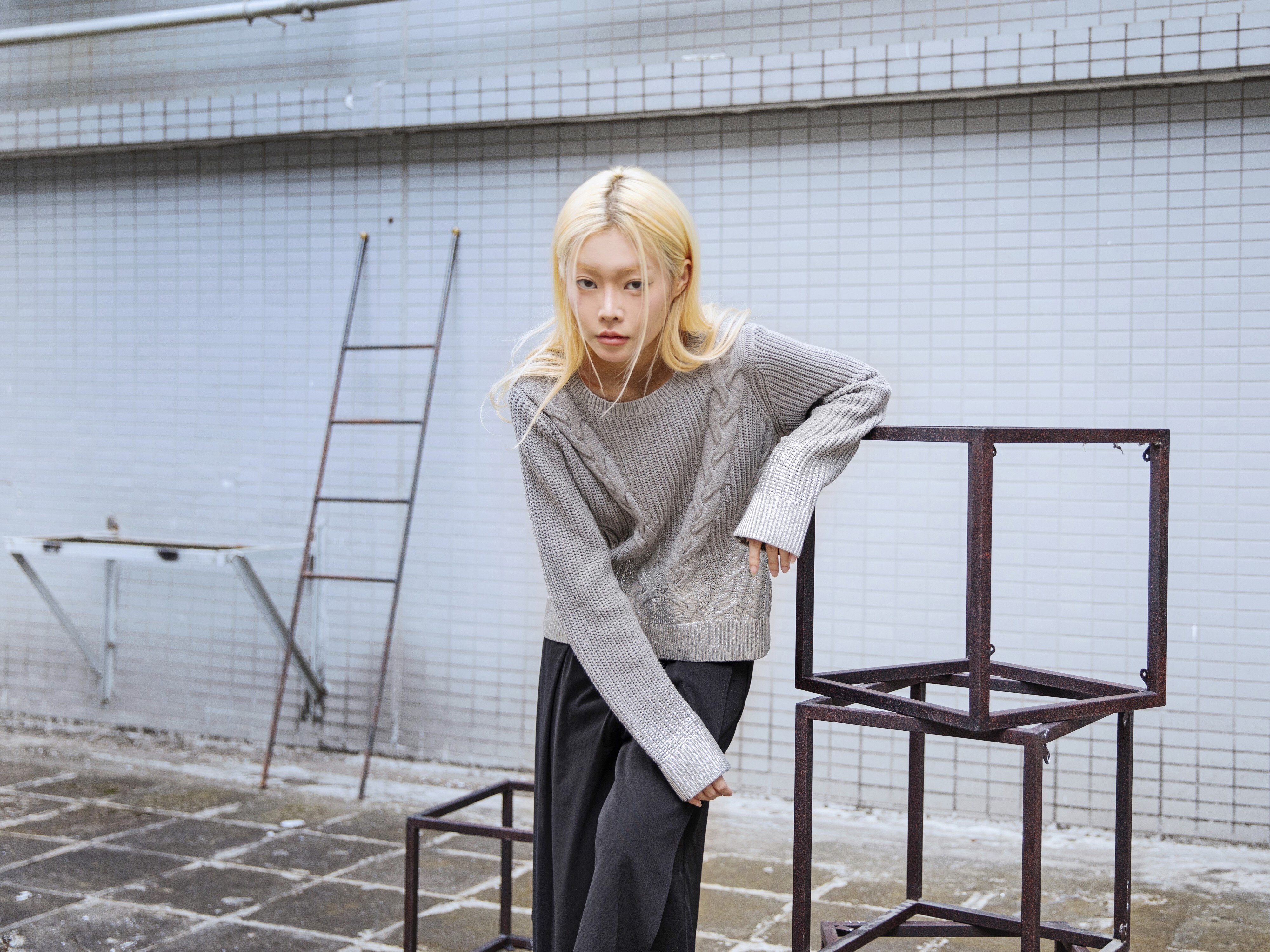 Metallic foil print cable -knit sweater - 25WRT237X