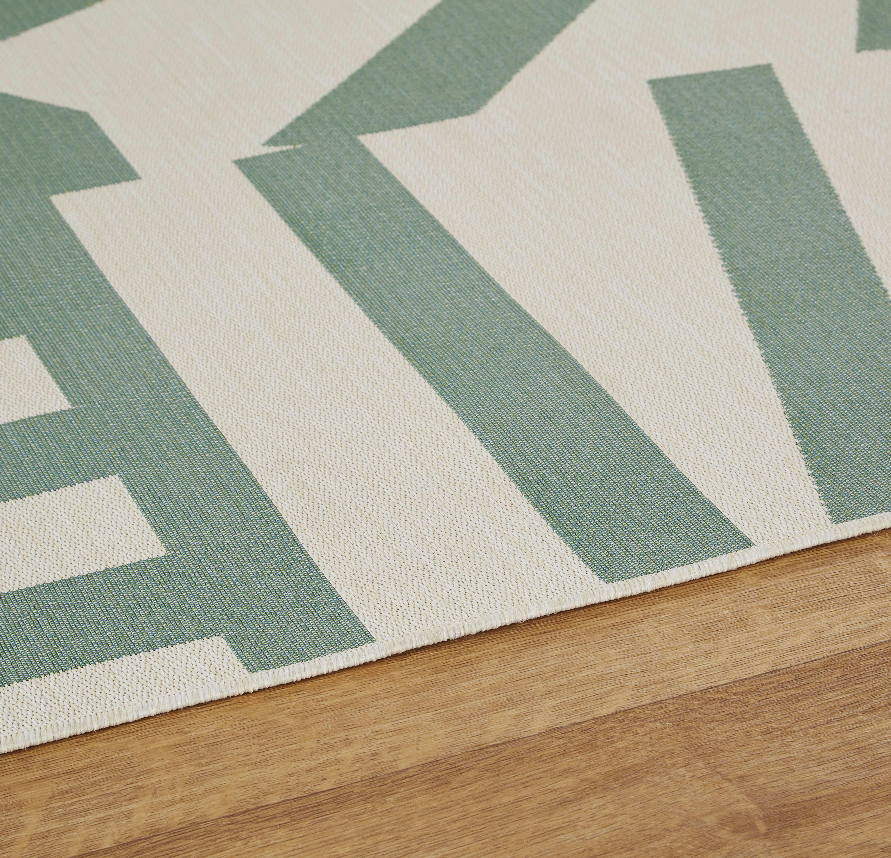 HEMERA - Tapis d'extérieur tissé jacquard motif graphique blanc et bleu vert 160x230