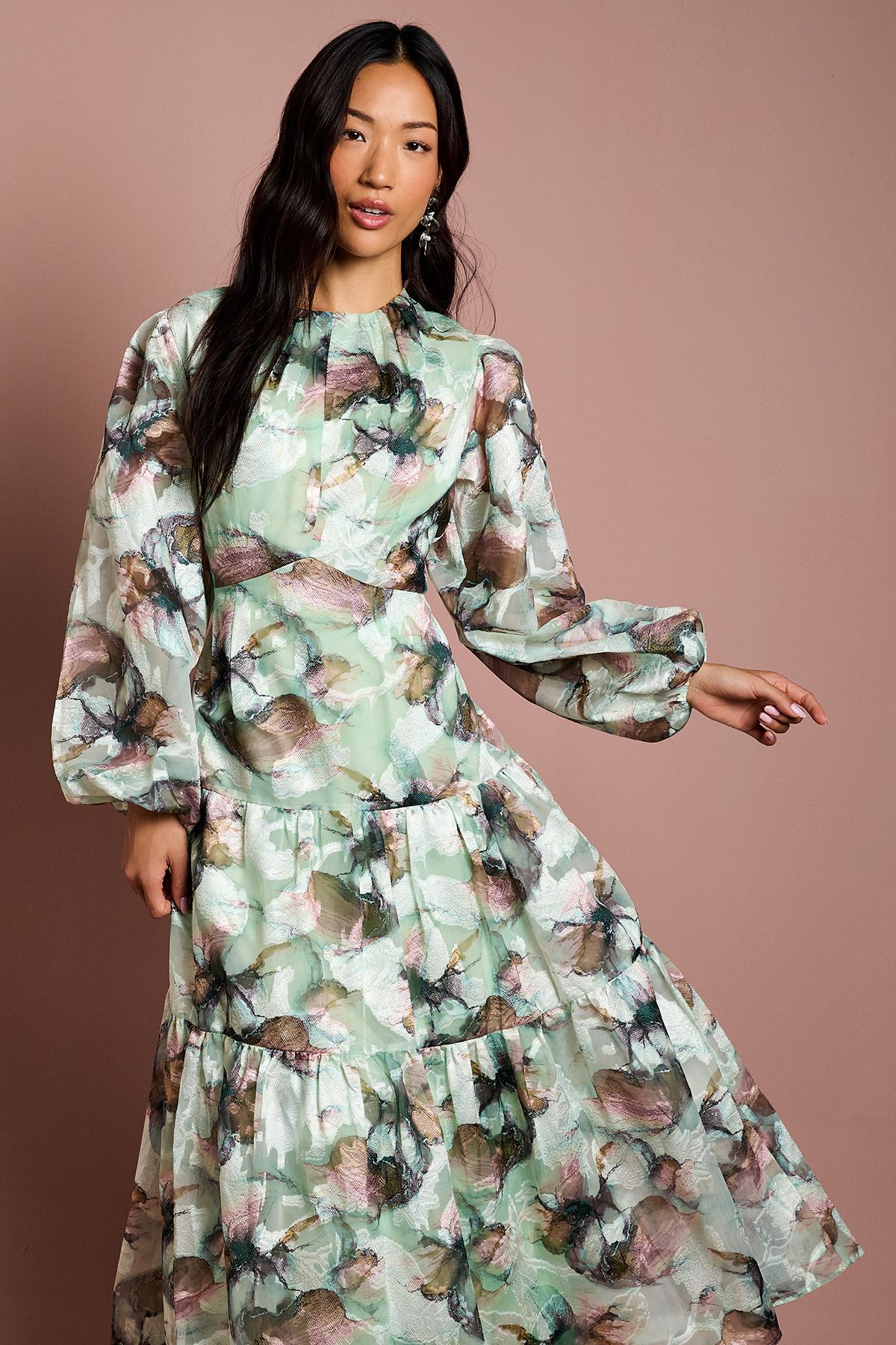 Coast 3/4 Puff Sleeve Printed Jacquard Midaxi Dress