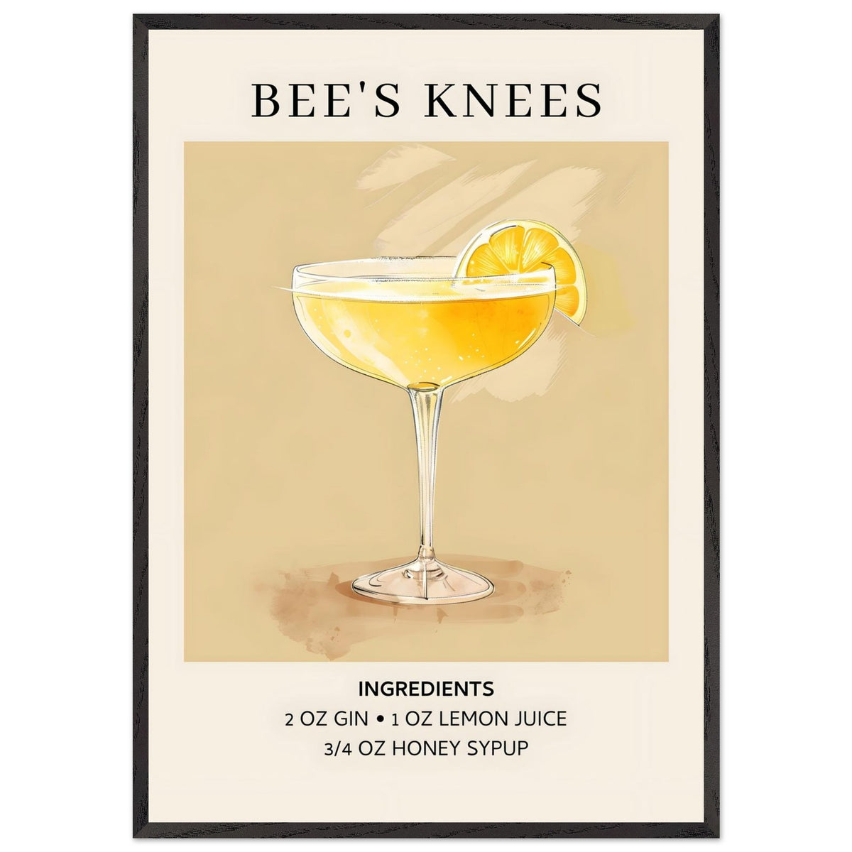Artfulprints Poster met Lijst Bee's Knees cocktail - Ingrediënten  - 70x100 cm - Geel
