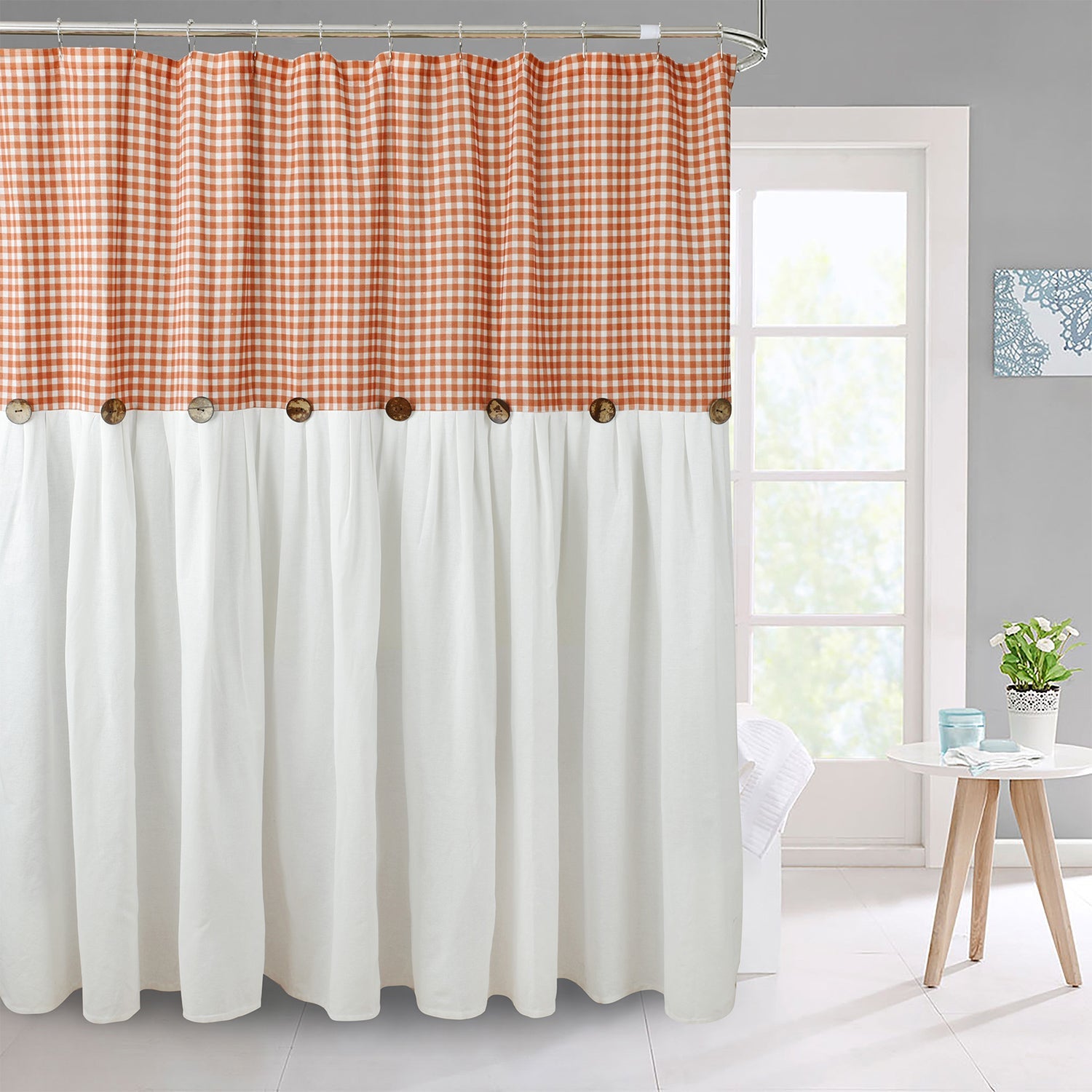 HIG Farmhouse Rust / Taupe with Ivory Buffalo Plaid Shower Curtain, Boho Rustic Decorative Bathroom Curtain with Buttons, Vintage Natural Textured Cotton Linen Fabric Shower Curtain, 72 x 72 In
