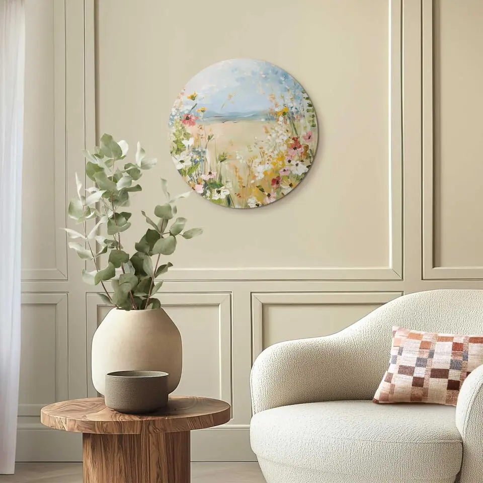 Glasschilderij Veld in bloei - &Oslash; 50 - Beige