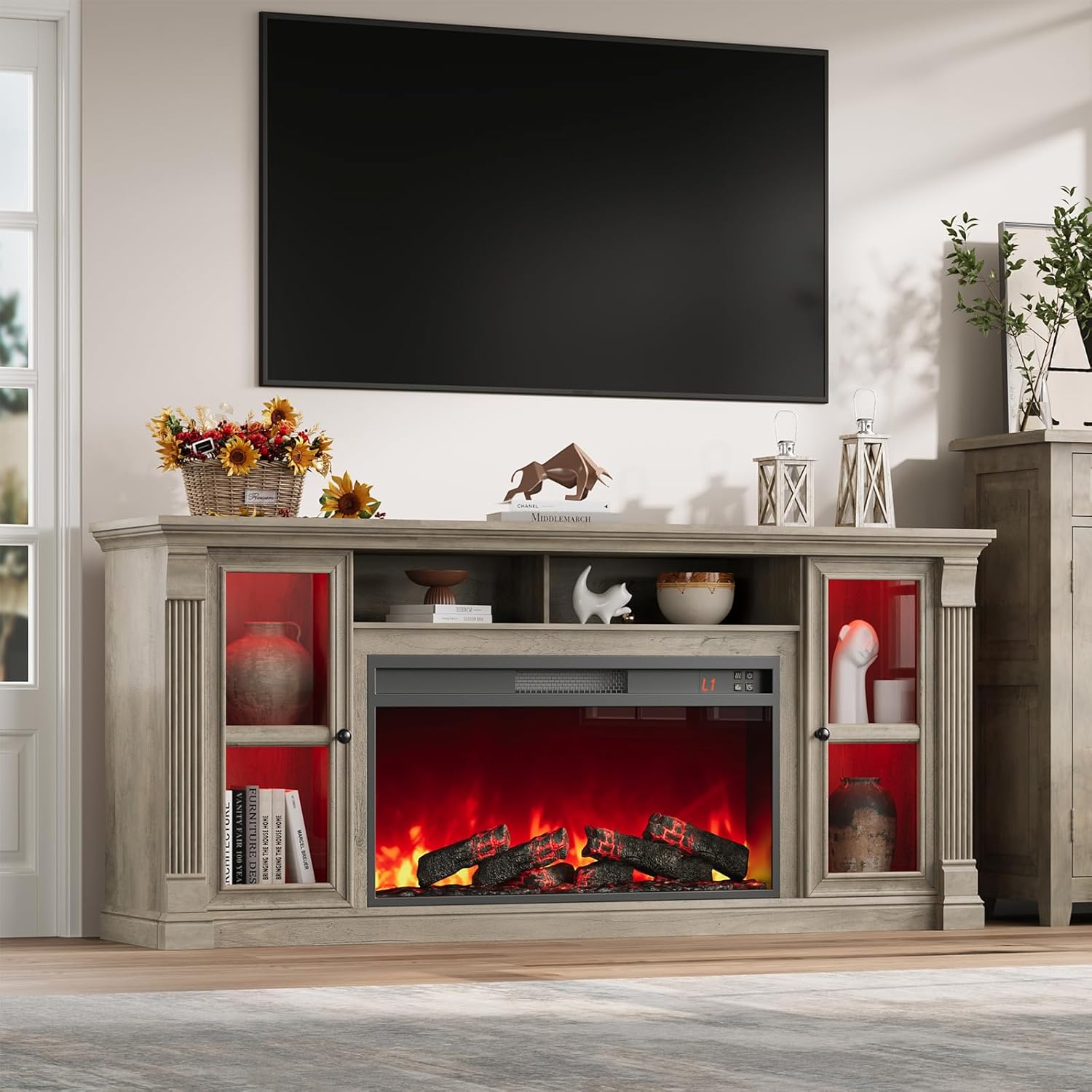 Farmhouse Fireplace TV Stand Up to 80 TVs, 70 Modern Highboy Entertainment Center with 36 Electric Fireplace & LED Lights, Media Console with Adjustable Shelves for Living Room, Gray