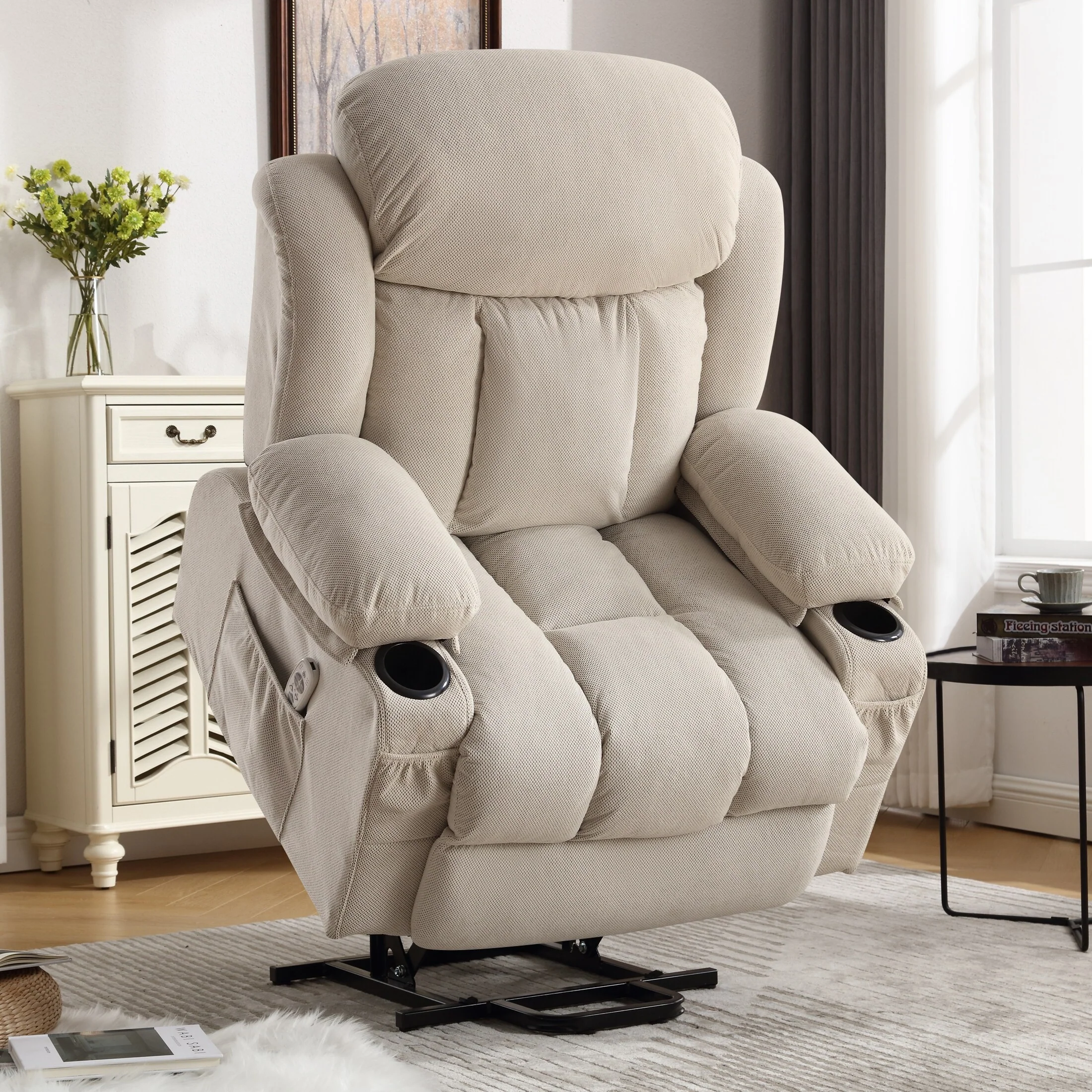Beige Breathable Fabric Oversized Upholstered Power Lift Massage Recliner with Massage, Lumbar Heating, 2 Cup Holders, USB Port