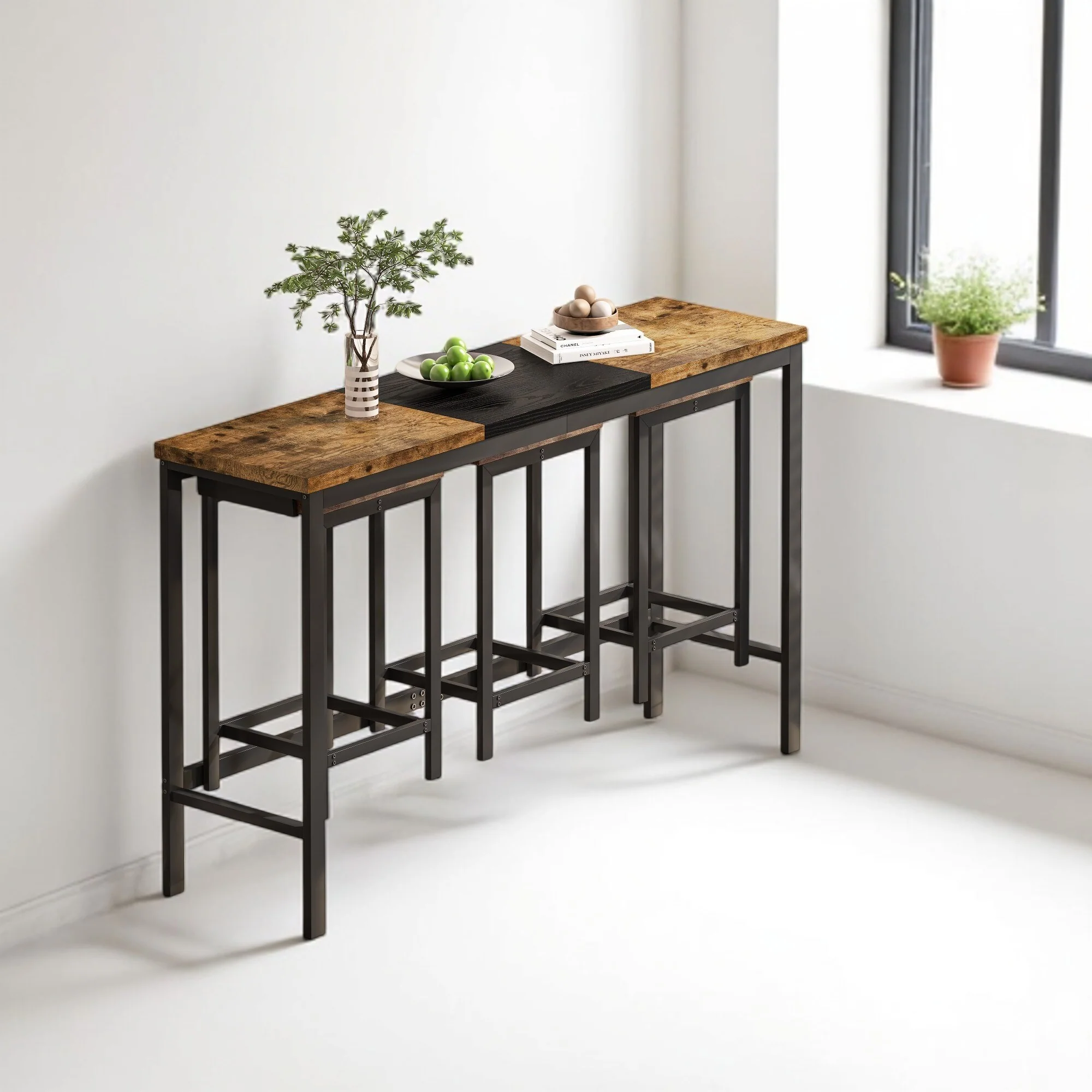 Modern 4-Piece Long Dining Table Set with 3 Hanging Stools, Space-Saving Pub Table for Kitchen, Bar, Apartment, MDF & Metal