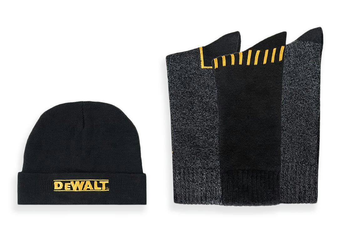 DEWALT Men's Toque Hat & Sock Combo Set, 3-pk, One Size, Black/Gold