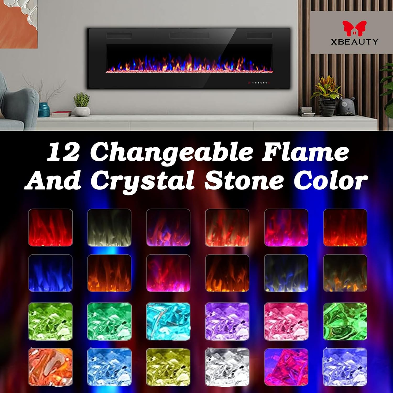 60 Electric Fireplace in-Wall Recessed and Wall Mounted 1500W Fireplace Heater and Linear Fireplace with Timer/Multicolor Flames/Touch Screen/Remote Control