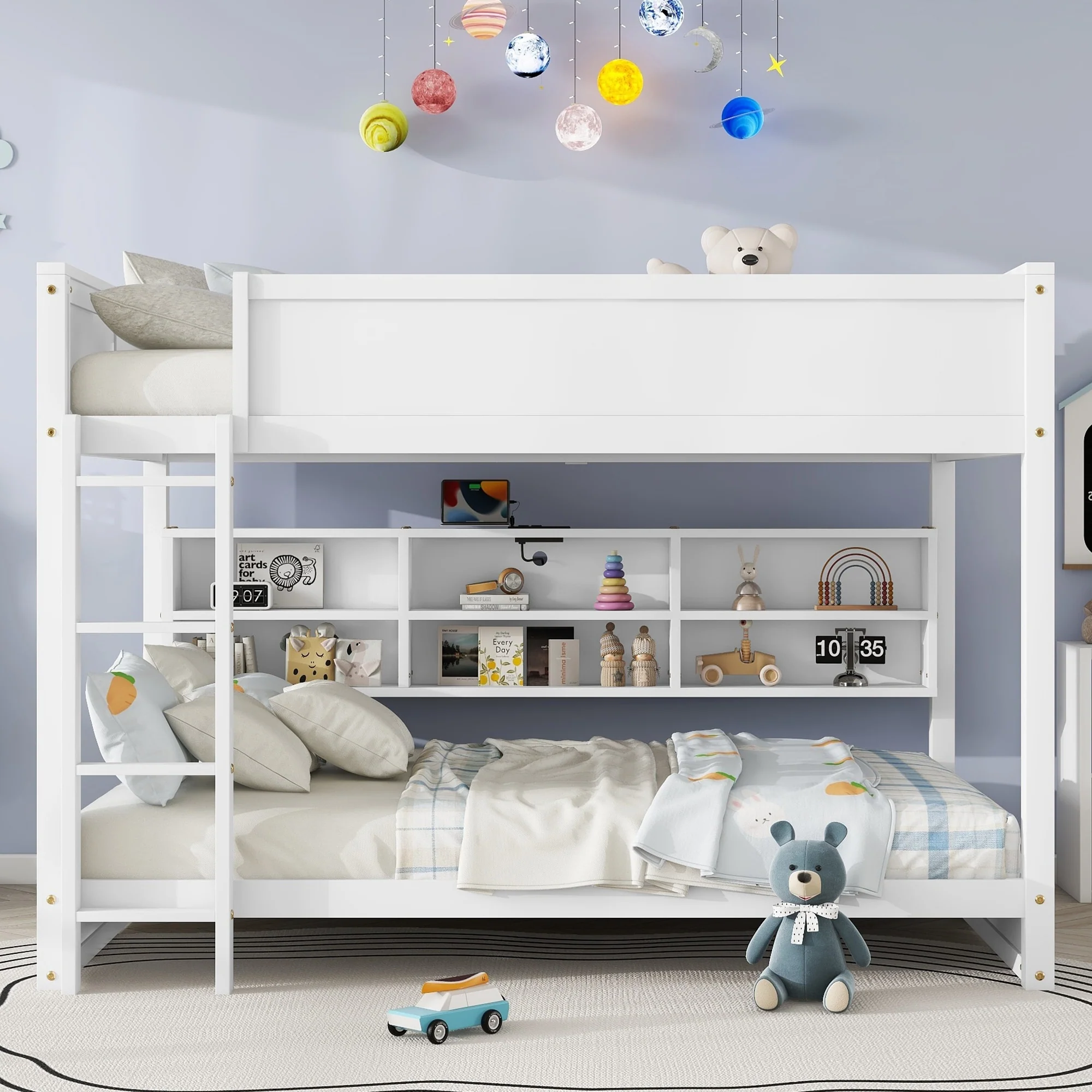 Queen Over Queen Bunk Bed with Built-in Storage Cabinets,Charging Station,Ladder,Safety Guardrails,Solid Pine Wood Bunk Bed