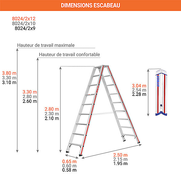 Escabeau double 2x10 marches - Hauteur max. de travail 3,8m - 8024/2X10