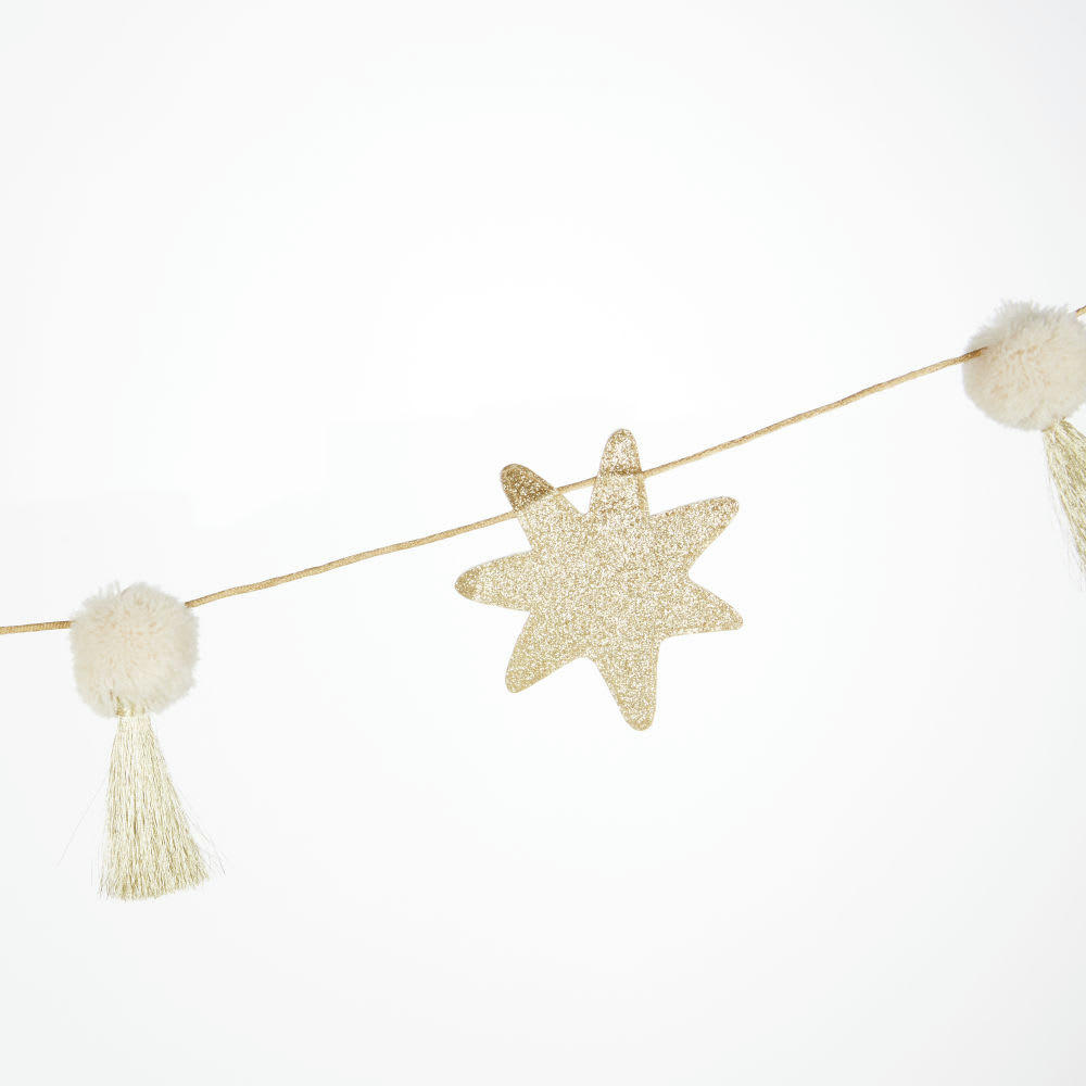 BARSANA - Guirlande à pompons beige et doré avec étoiles, coeurs et lunes pailletés L200