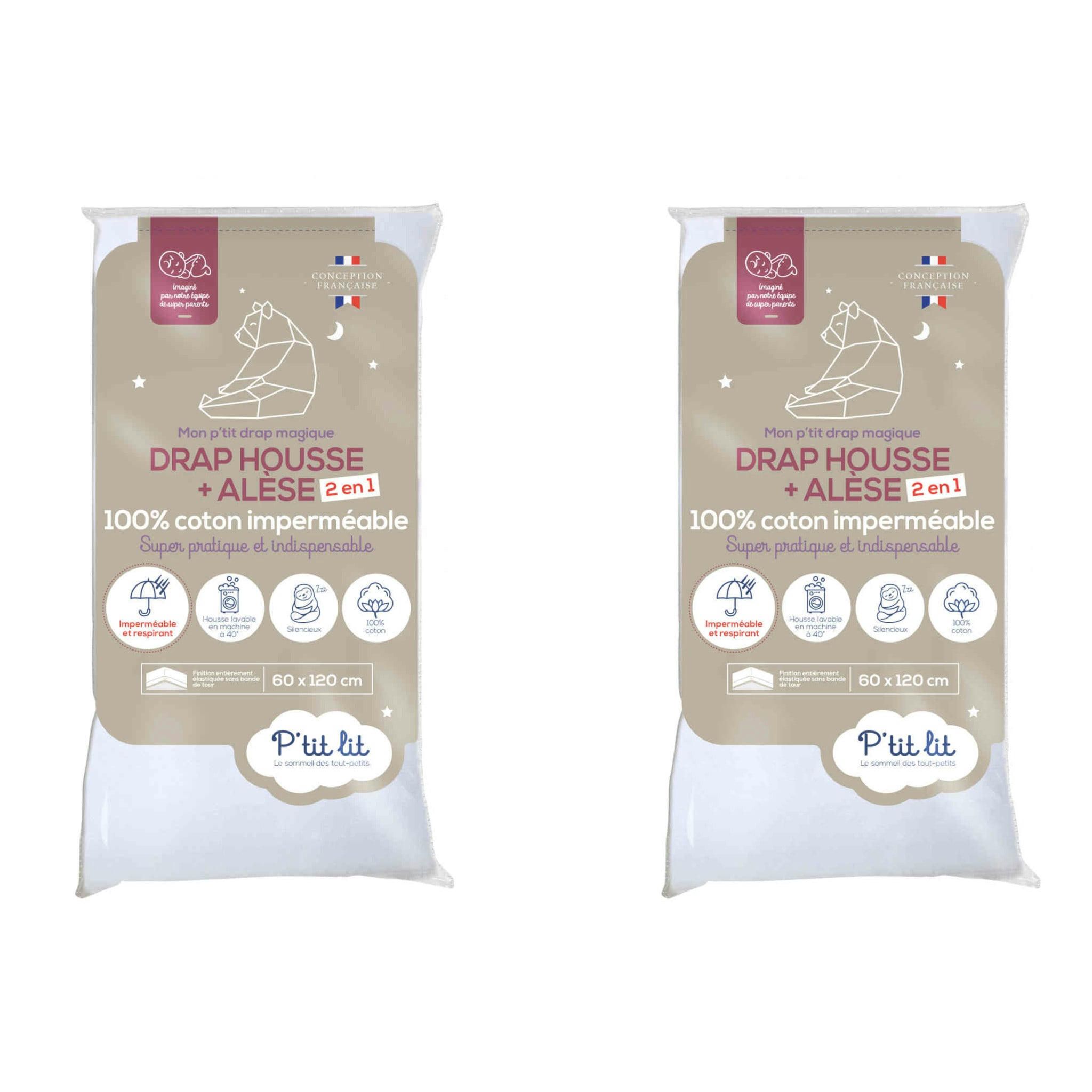 - Drap housse alèse 2 en 1 imperméable (lot de 2) 60x120