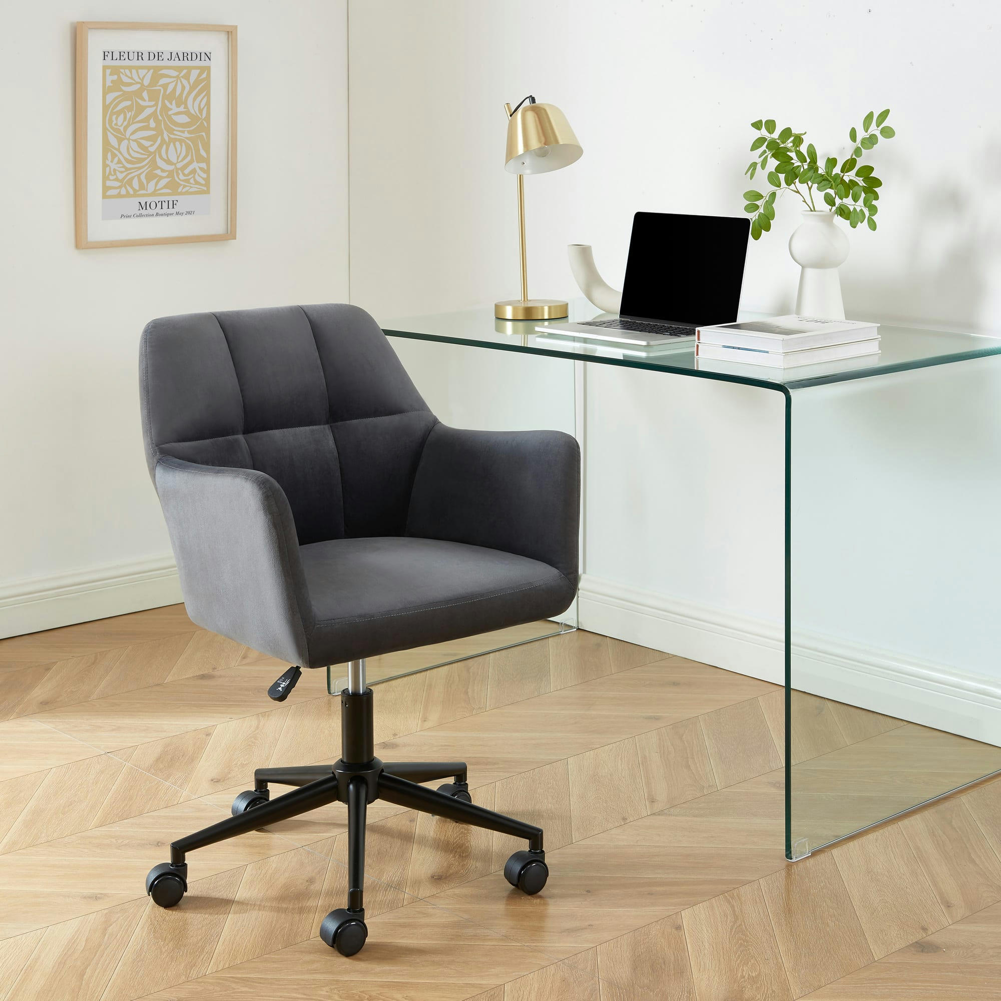 MONACO - Fauteuil de bureau   en velours gris anthracite avec pieds