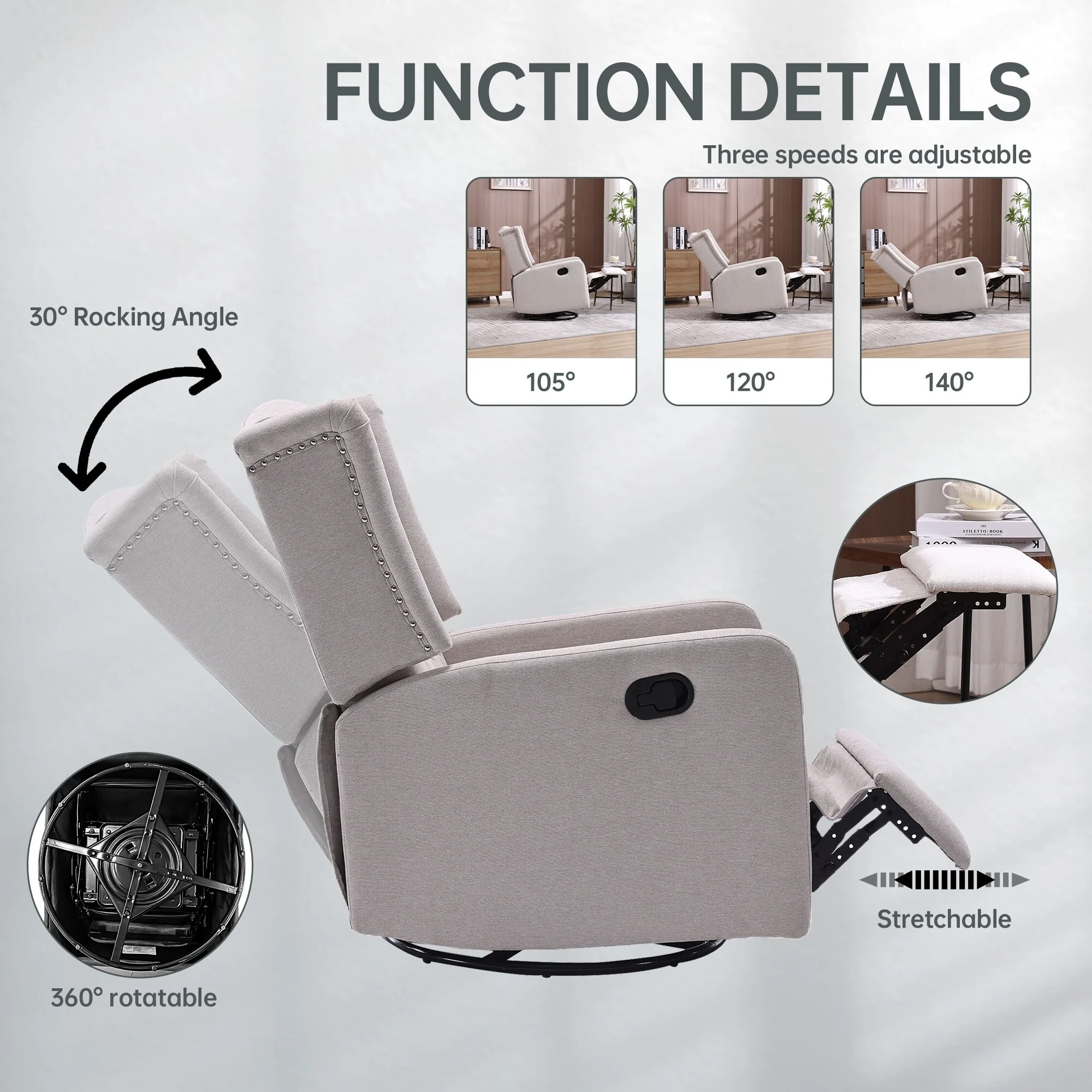 Beige Linen 360° Swivel Glider Rocker Manual Recliner with Button-tufted Backrest and Footrest for Living Room, Bedroom