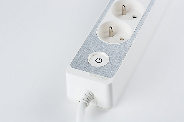 Multiprise 3 prises   2 usb Schneider Electric Odace blanc finition aluminium brossé 1.5 m