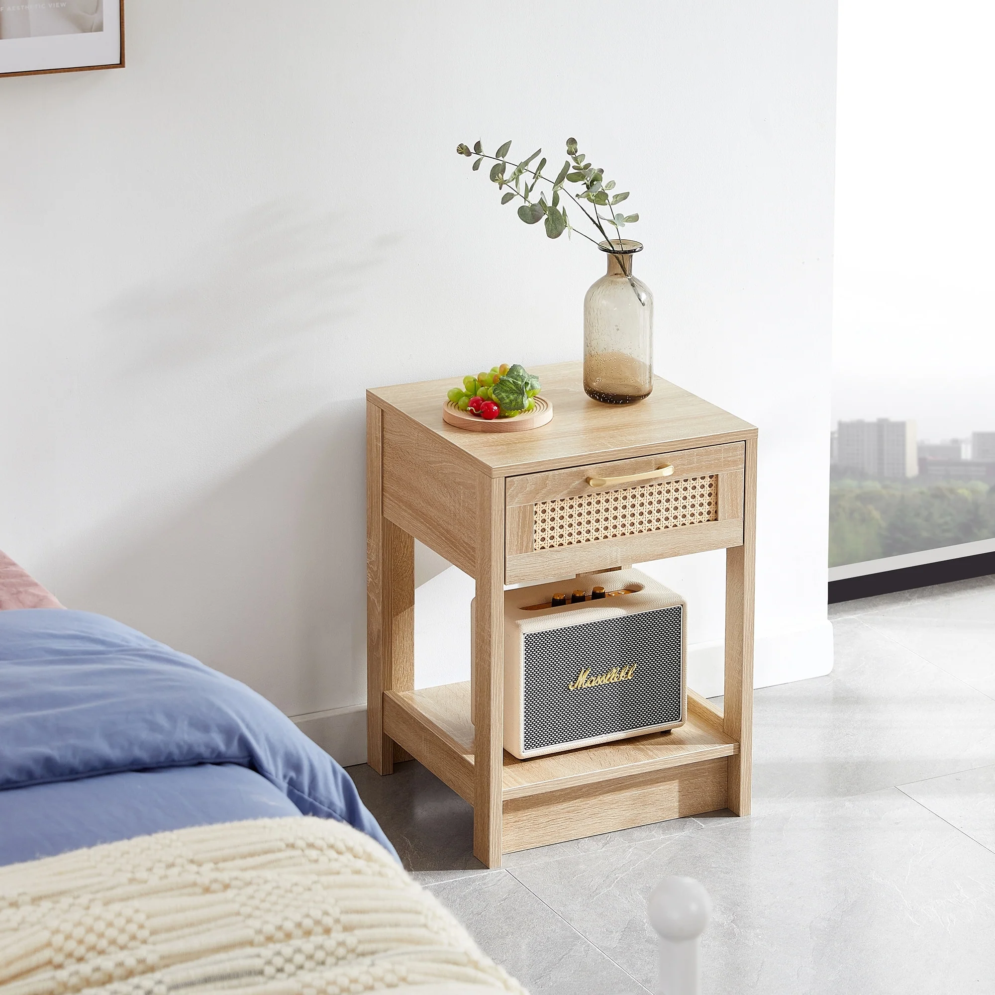 Rattan End Table with Drawer Modern Nightstand