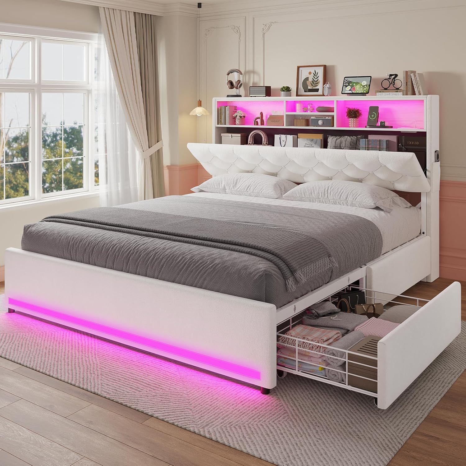 Full Size Bed Frame with Bookcase Headboard,LED Bed Frame with Charging Station, 4 Storage Drawer, Modern Velvet Upholstered Platform Bed with 5 Shelf, No Box Spring Needed, Creamy White