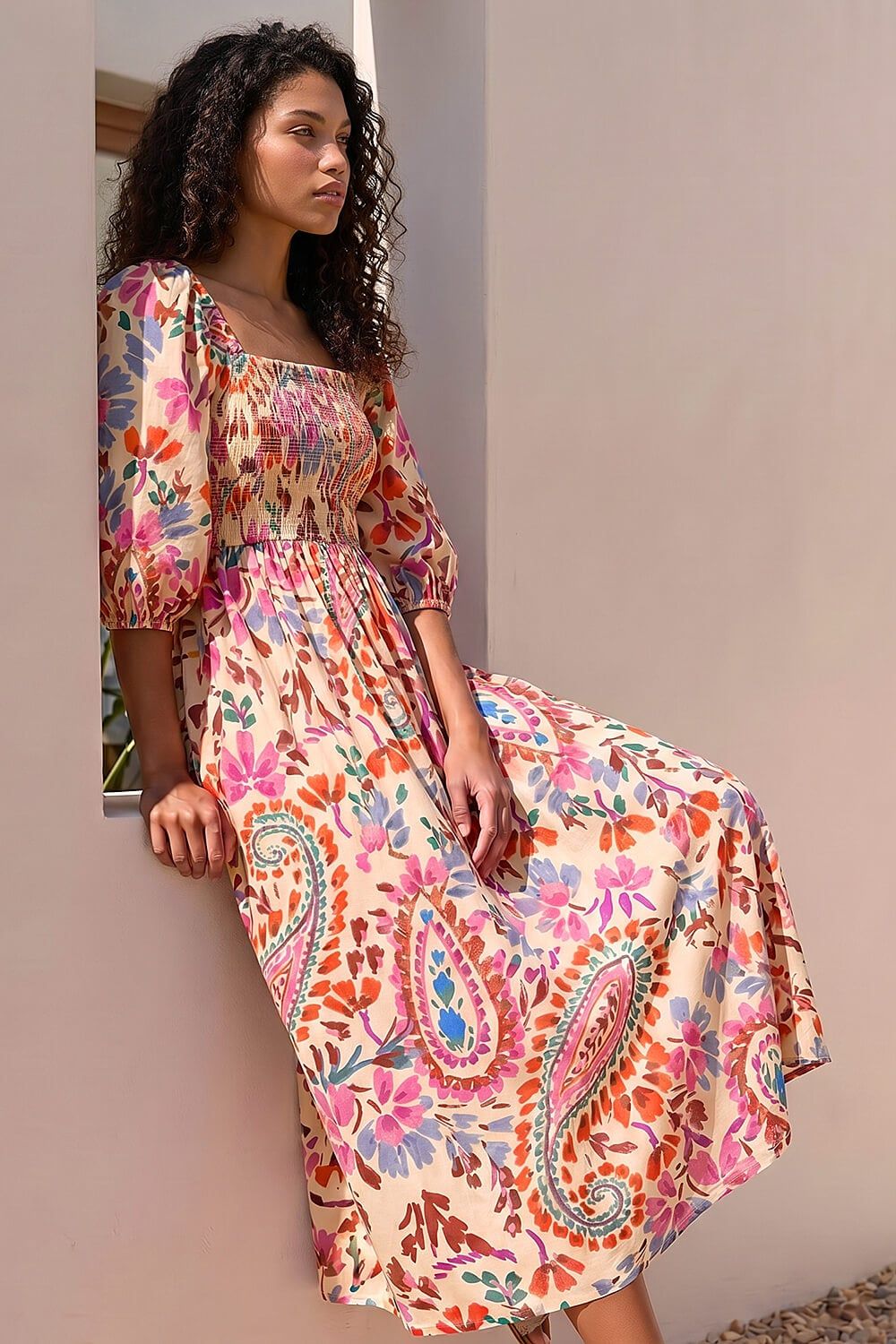 Roman Petite Paisley Print Shirred Dress