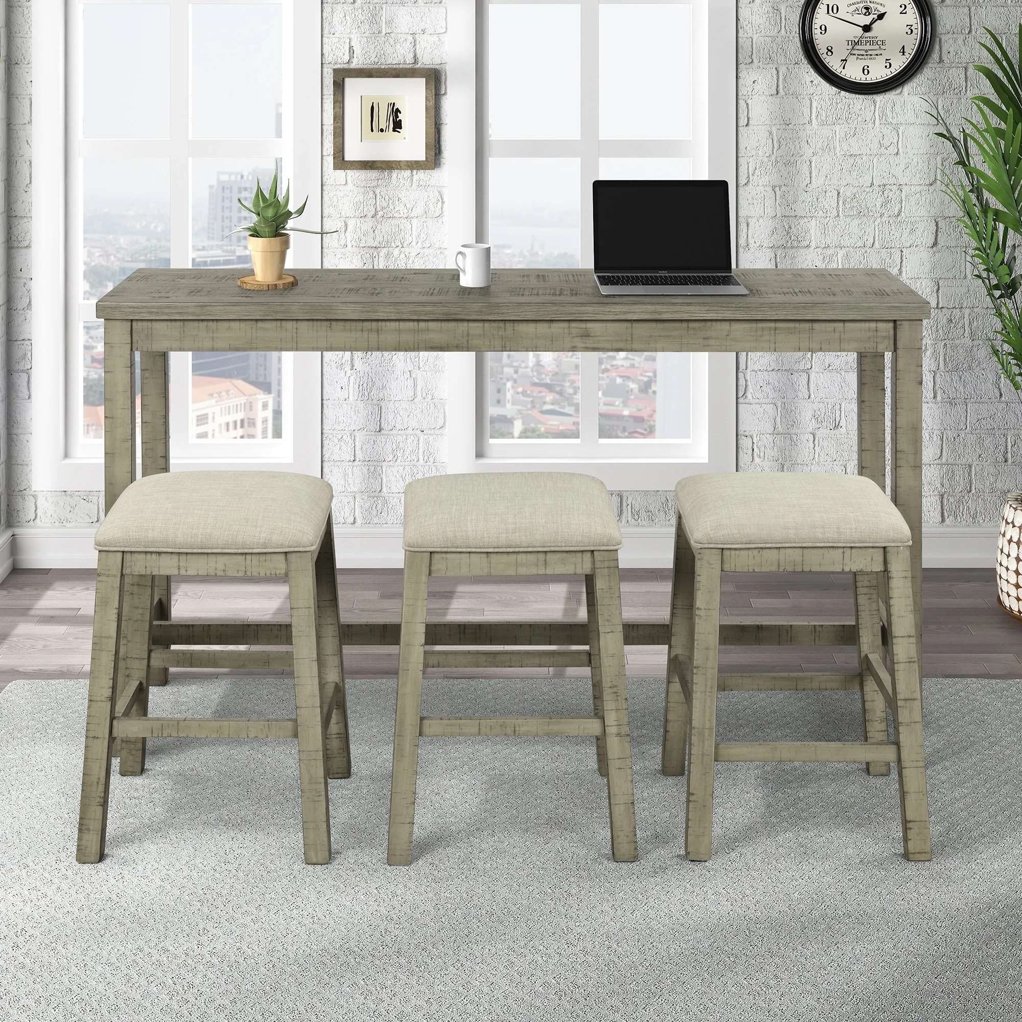Farmhouse Style 4-Piece Dining Table Set with 3 Padded Stools and Socket
