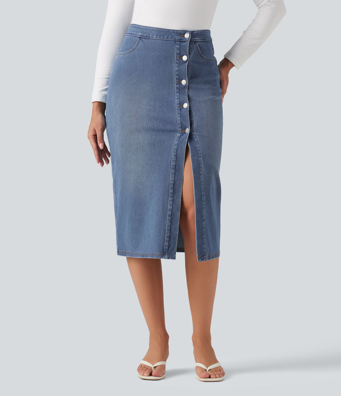 Jupe midi en jean Halara Flex™ taille haute moulante avec poches