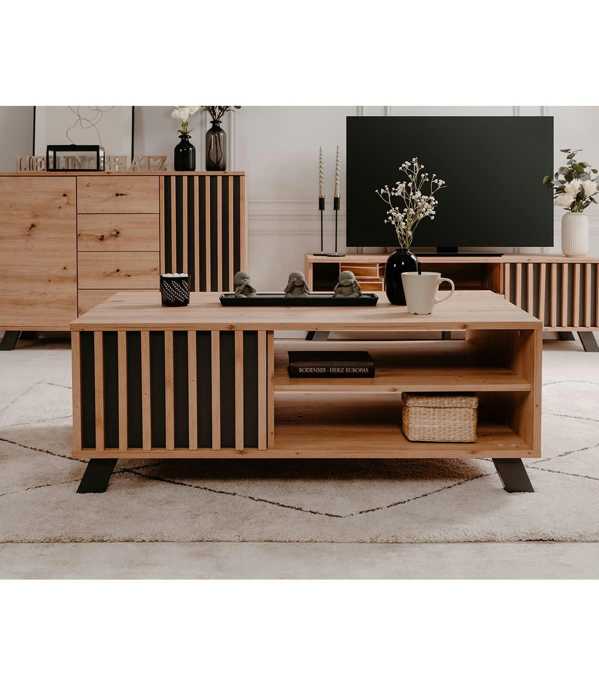 LUBLIN - Table basse 1 porte et 2 niches effet bois - L111 x H42 cm