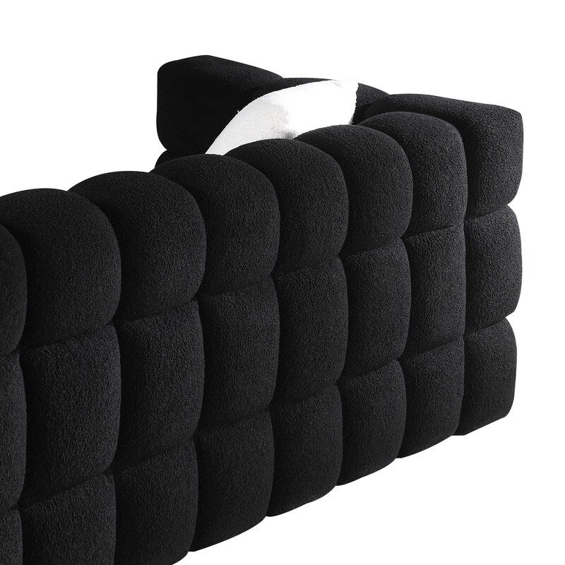 84.3 Luxurious Large Boucle Sofa 3 Seater Marshmallow Upholstered Sofa with 2pc Square Accent Pillows and Square Arm