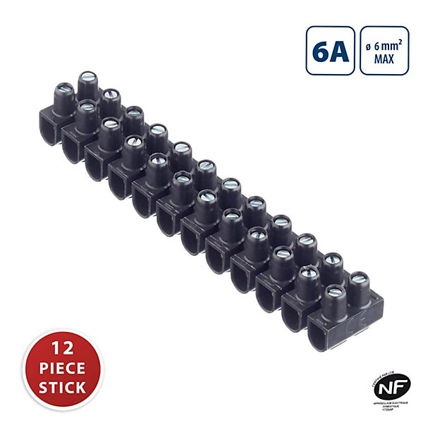 Borniers de raccordement en PP, TBS-6A-6mm2. Noir. Barrette de 12 borniers