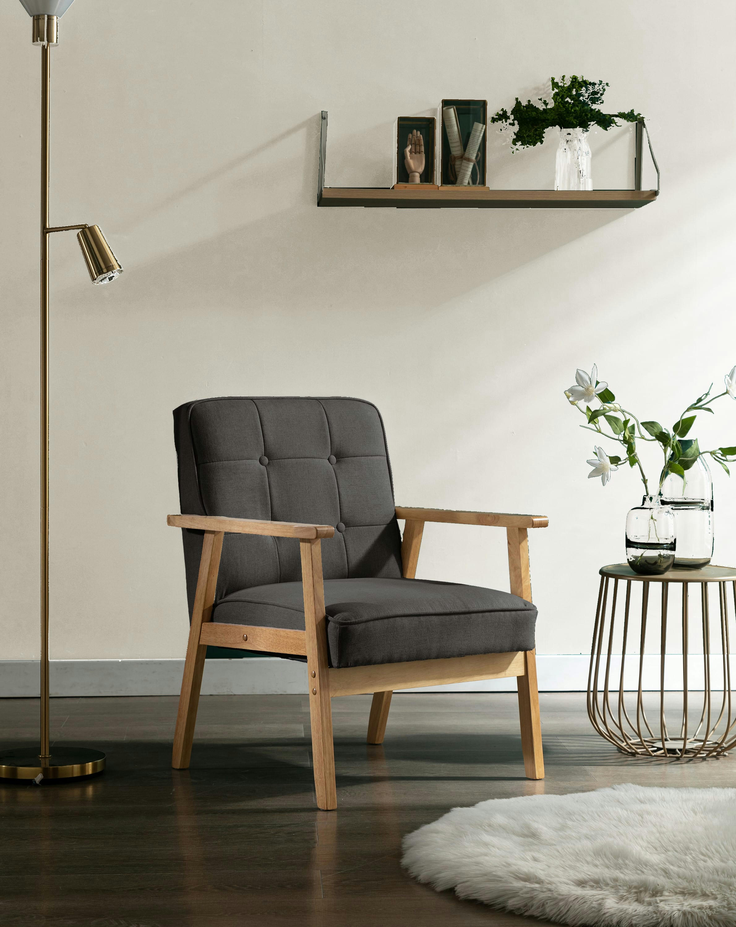 DOUGLAS - Fauteuil lounge en tissu Anthracite et bois massif
