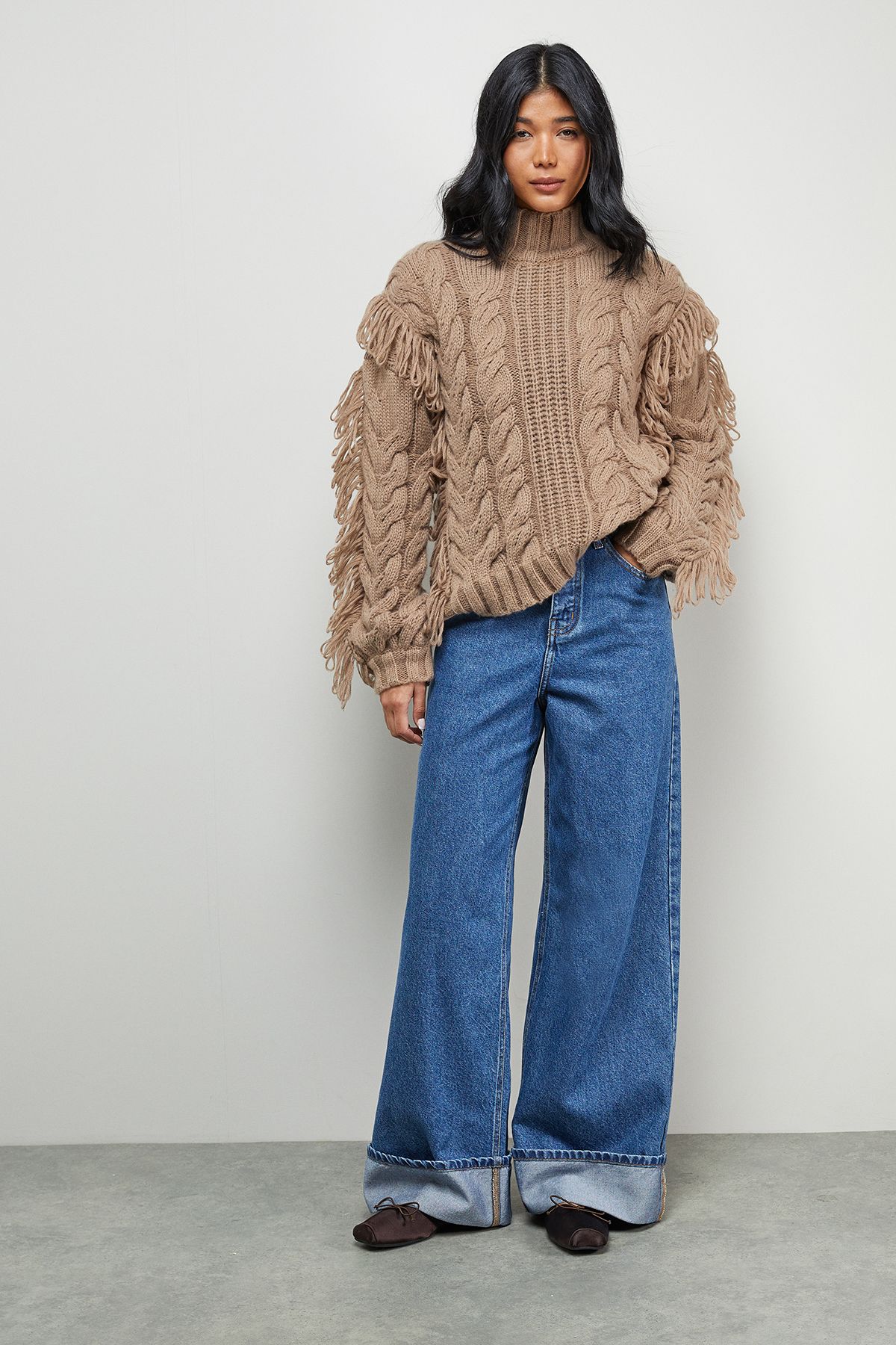 Warehouse Fringe Cross Back Cable Jumper