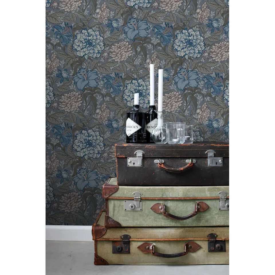 ESTAhome behang vintage bloemen vergrijsd blauw en warm grijs - 53 cm x 10.05 m