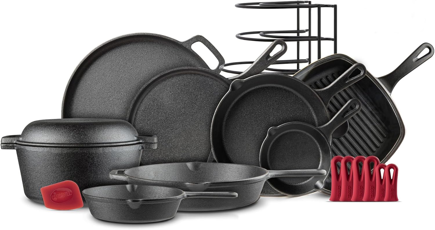 Cuisinel Cast Iron Cookware 18-Piece Set - Pre-Seasoned 6 + 8 + 10 + 12 Skillet + Grill Pan+Lid + Griddle + Pizza Pan + Dutch Oven+Pan Cover + Panrack + Silicone Handle Grips + Pan Scraper/Cleaner