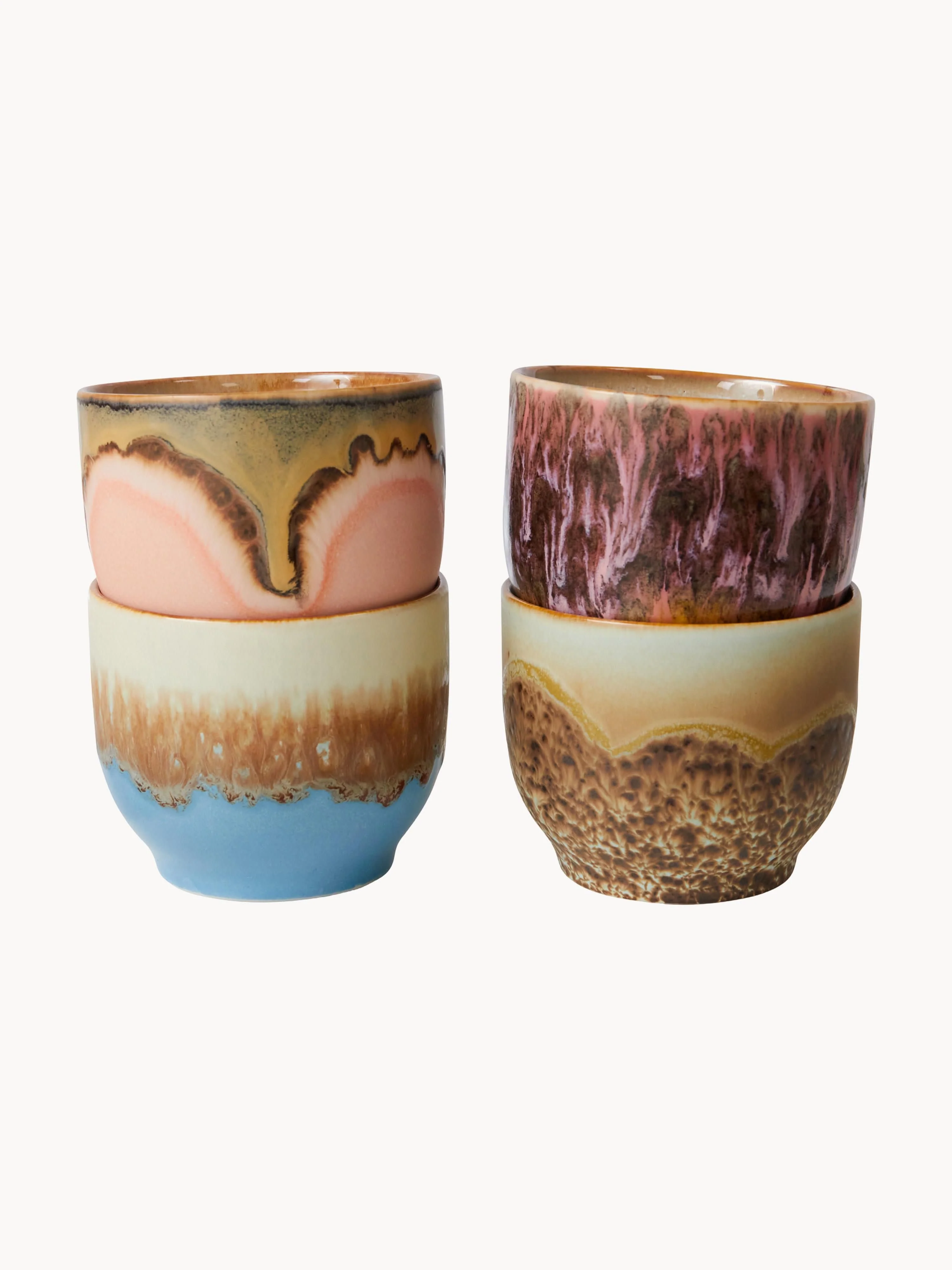 Handgefertigte Becher 70's mit reaktiver Glasur, 4er-Set