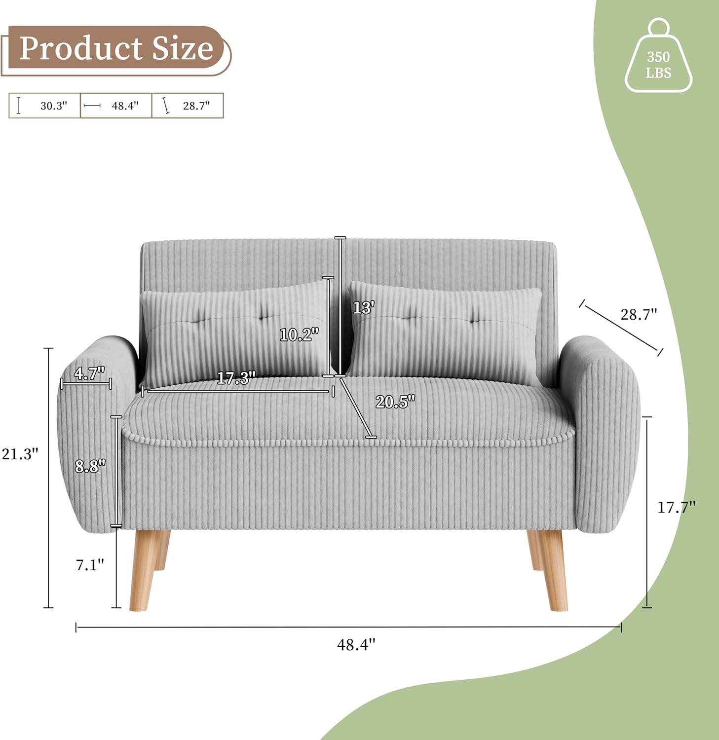 Vongrasig 48 Small Modern Loveseat Sofa, Mid Century Soft Corduroy Fabric 2-Seat Sofa Couch Tufted Love Seat with Back Cushions and Tapered Legs for Living Room, Bedroom and Small Space (Light Gray)