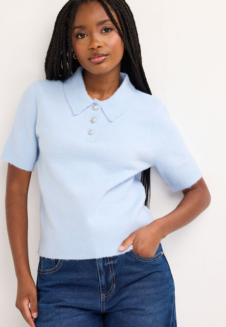 Womens Blue Diamante Button Collar Jumper