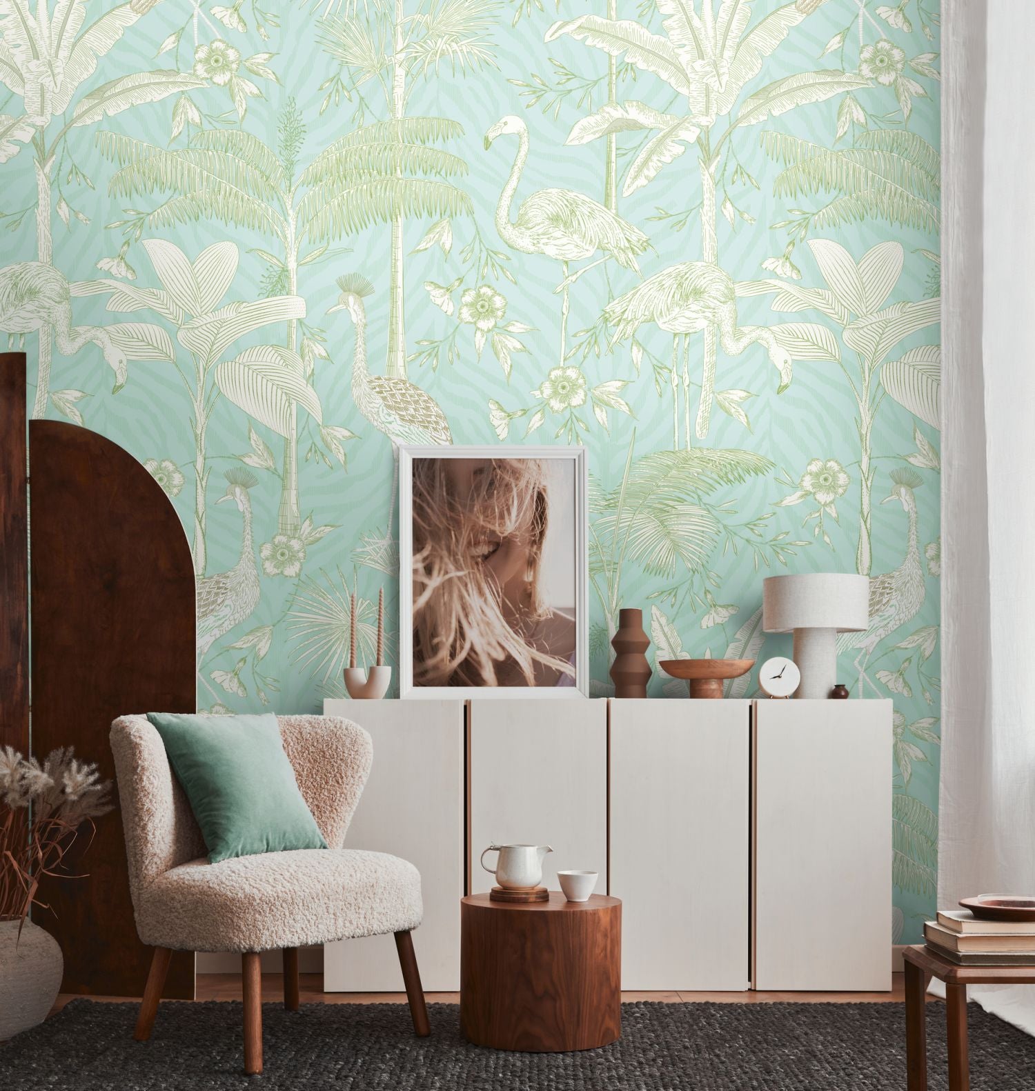 Livingwalls fotobehang dieren turquoise, wit en groen - 159 x 280 cm - AS-392061