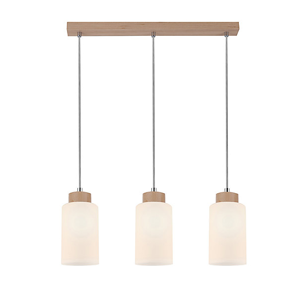 Bosco Lampe Suspendue 3xE27 Max.60W Bois de Bouleau&Verre Blanc et Câble PVC Transparent