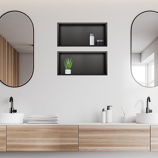 Balneo Niche murale de douche 45x20x10cm, étagère encastrable douche acier inox, noir, WALL-BOX ONE