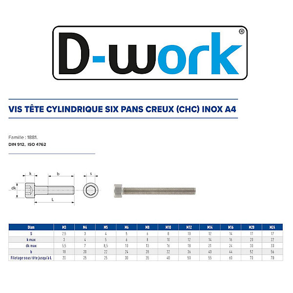 50 Vis Métaux Tête Cylindrique 6 Pans Creux CHC 8 x 150 mm - DIN 912 - Inox A4 - D-Work