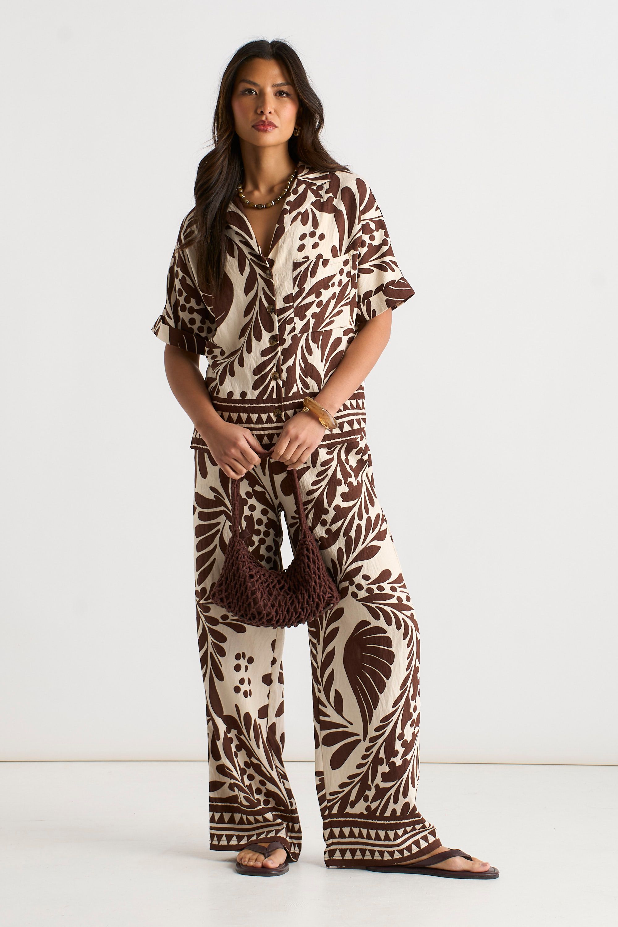 Gini London Chocolate Border Print Elasticated Trousers
