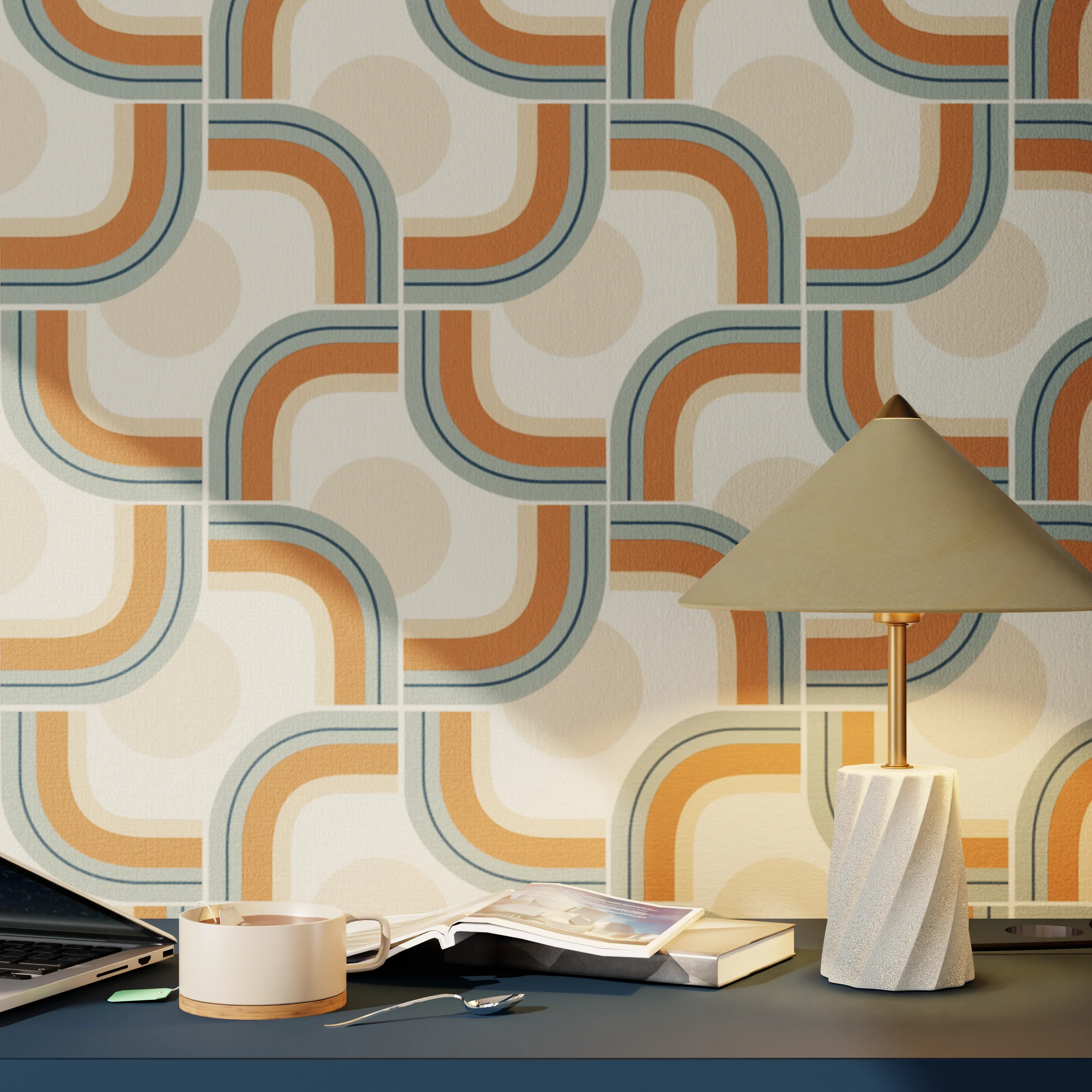 Papier peint intissé SUZIE beige nude, terracotta et bleu givré