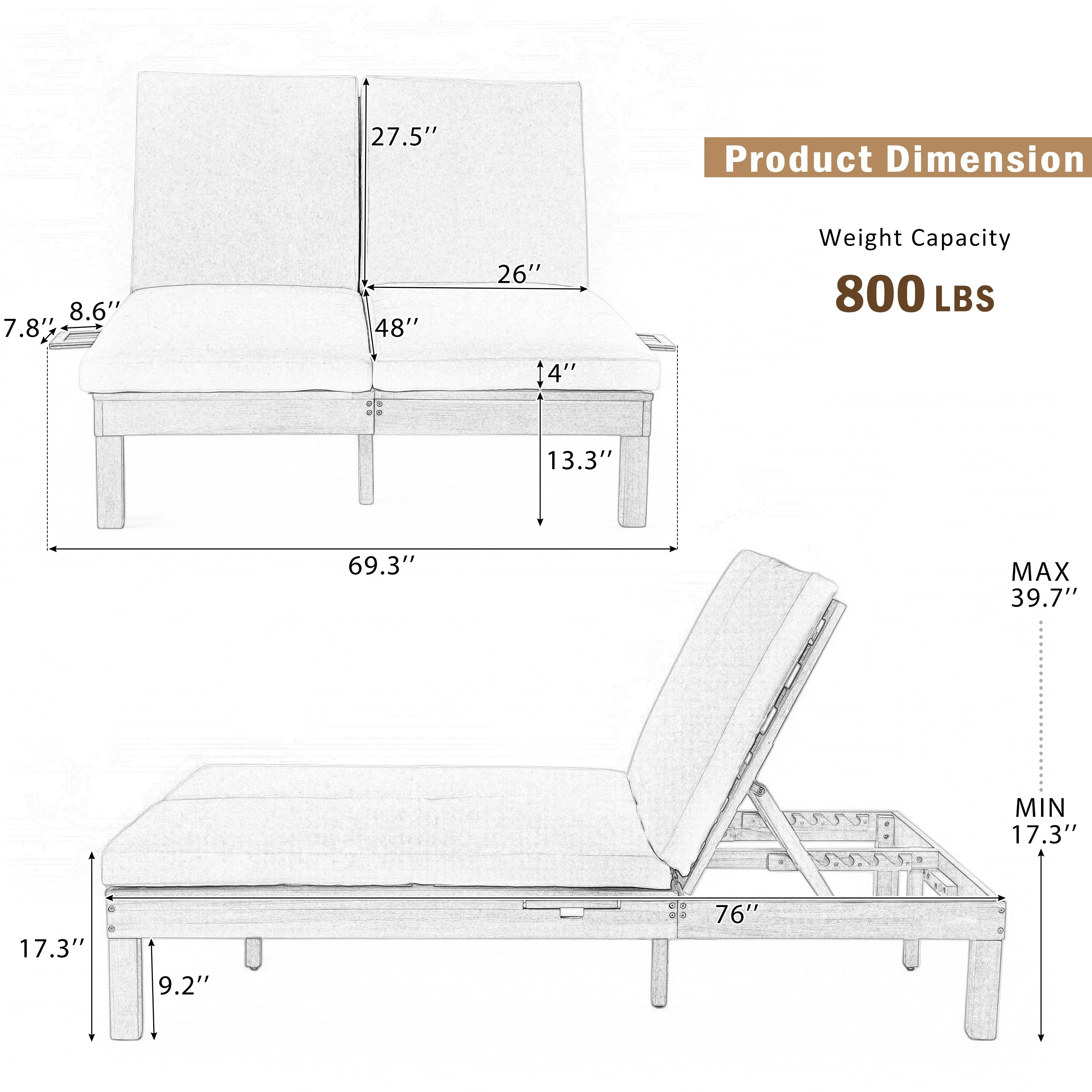 Outdoor Double Chaise Lounge with Adjustable Backrest and Cushions, Folding Side Trays for Poolside Garden
