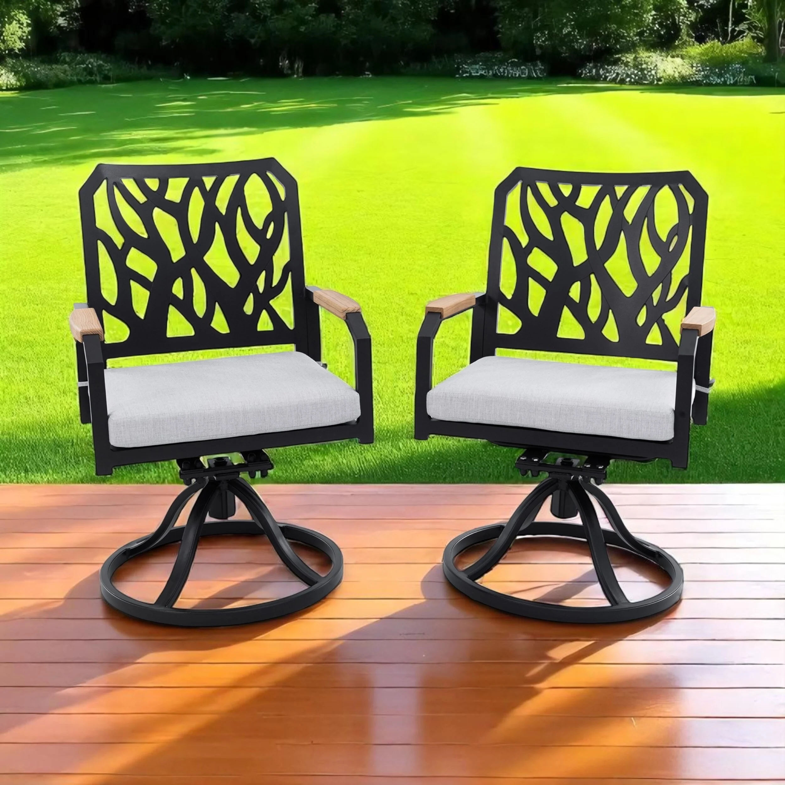 KISRAIS Modern Classic Outdoor Patio Cast Aluminum 2PCs Dining Swivel Rockers, Sunbrella Fabric Cushion