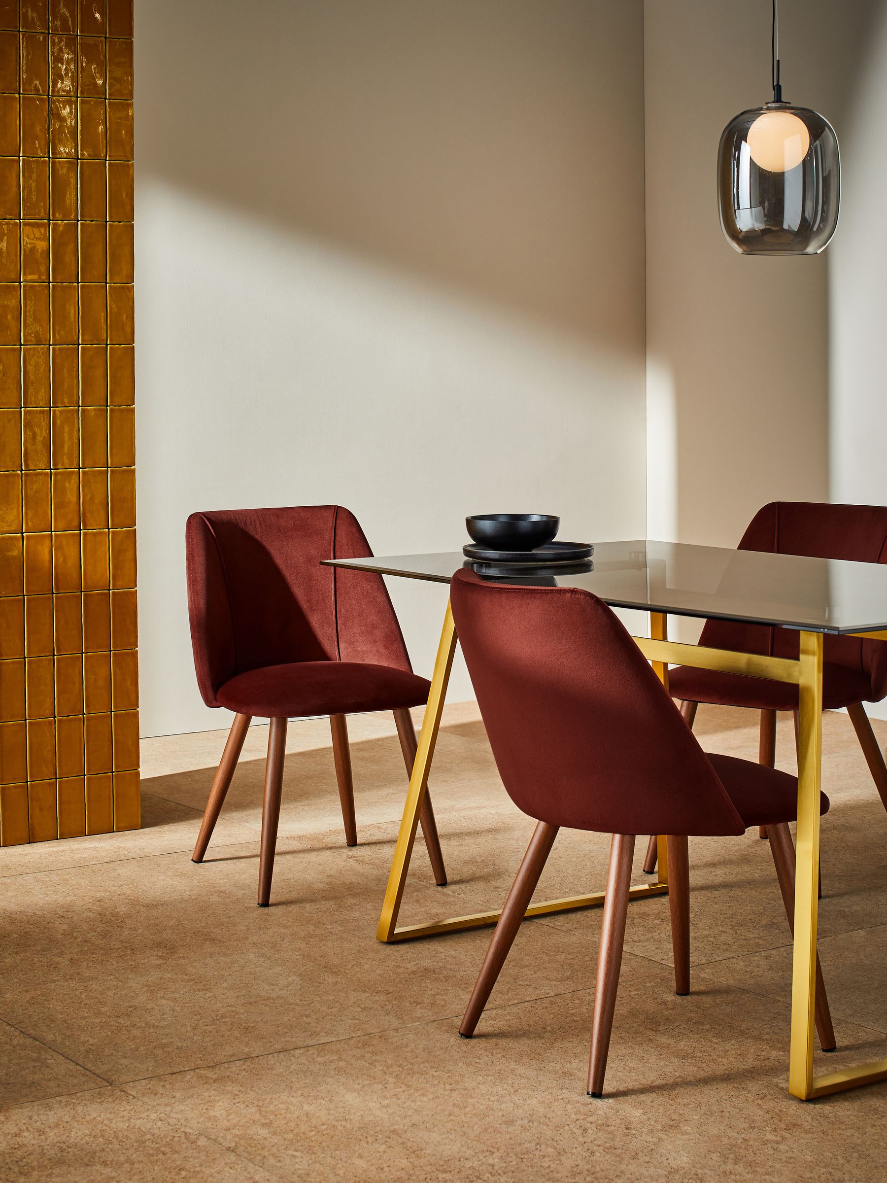 Set of 2 Lule Non Arm Dining Chairs in Rust Red Velvet and Walnut Effect Legs