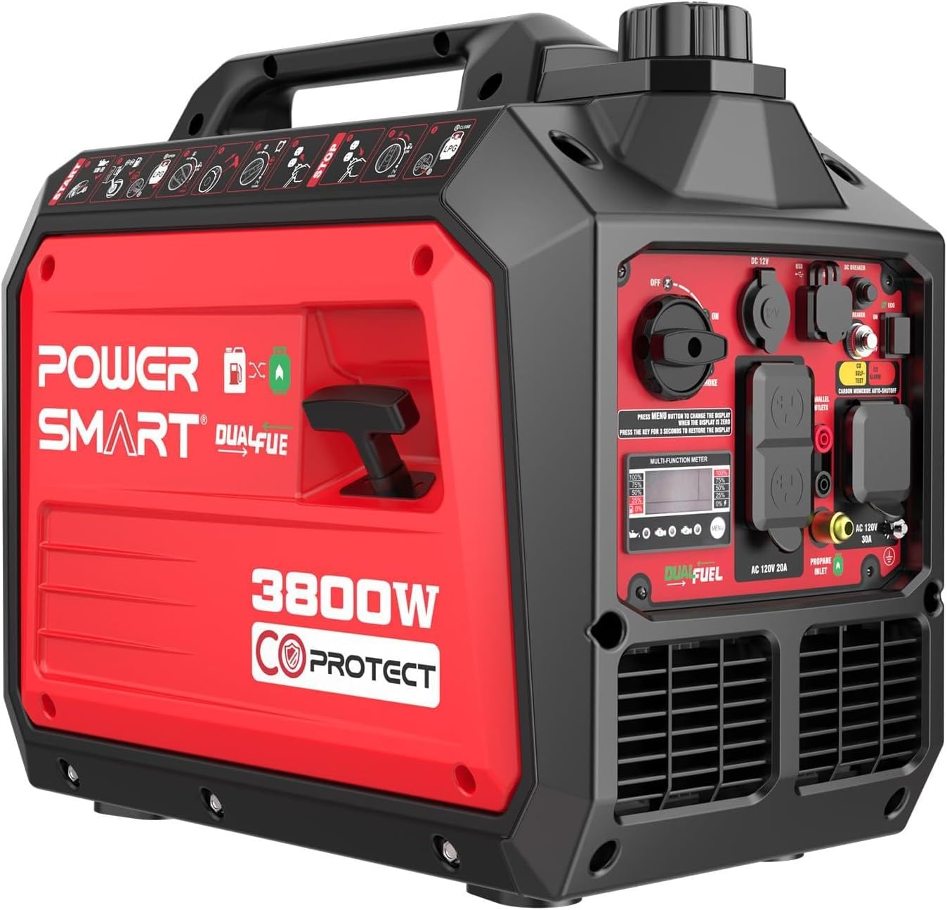 PowerSmart 3800 Watt Dual Fuel Inverter Generator  Quiet Portable Gas Propane Powered with CO Sensor and RV Ready Outlet  149cc 4-Stroke OHV Engine for Home Backup  Camping and Tailgating