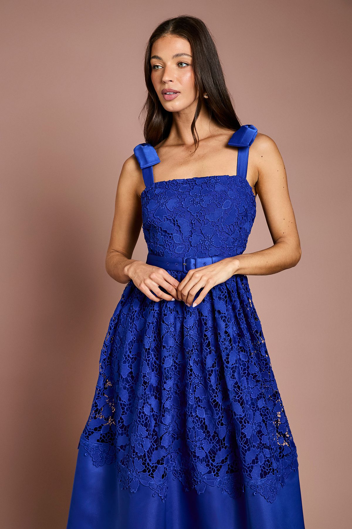 Coast Bow Shoulder Square Neck Lace Midi Dress